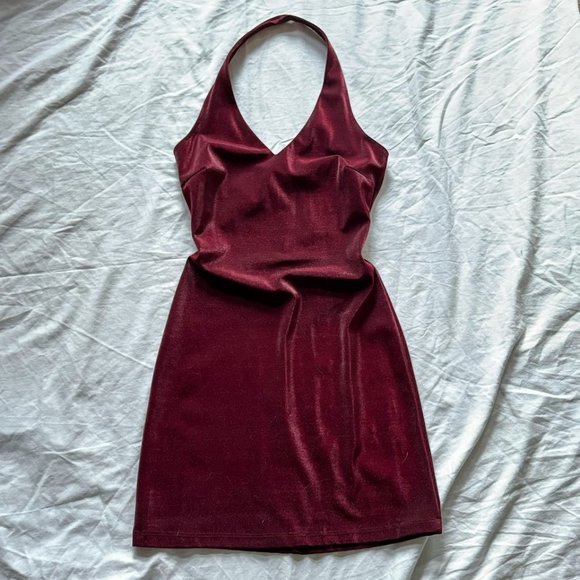 Sold! - Red Velour Halter Bodycon Mini Cocktail Dress - Picture 1 of 3